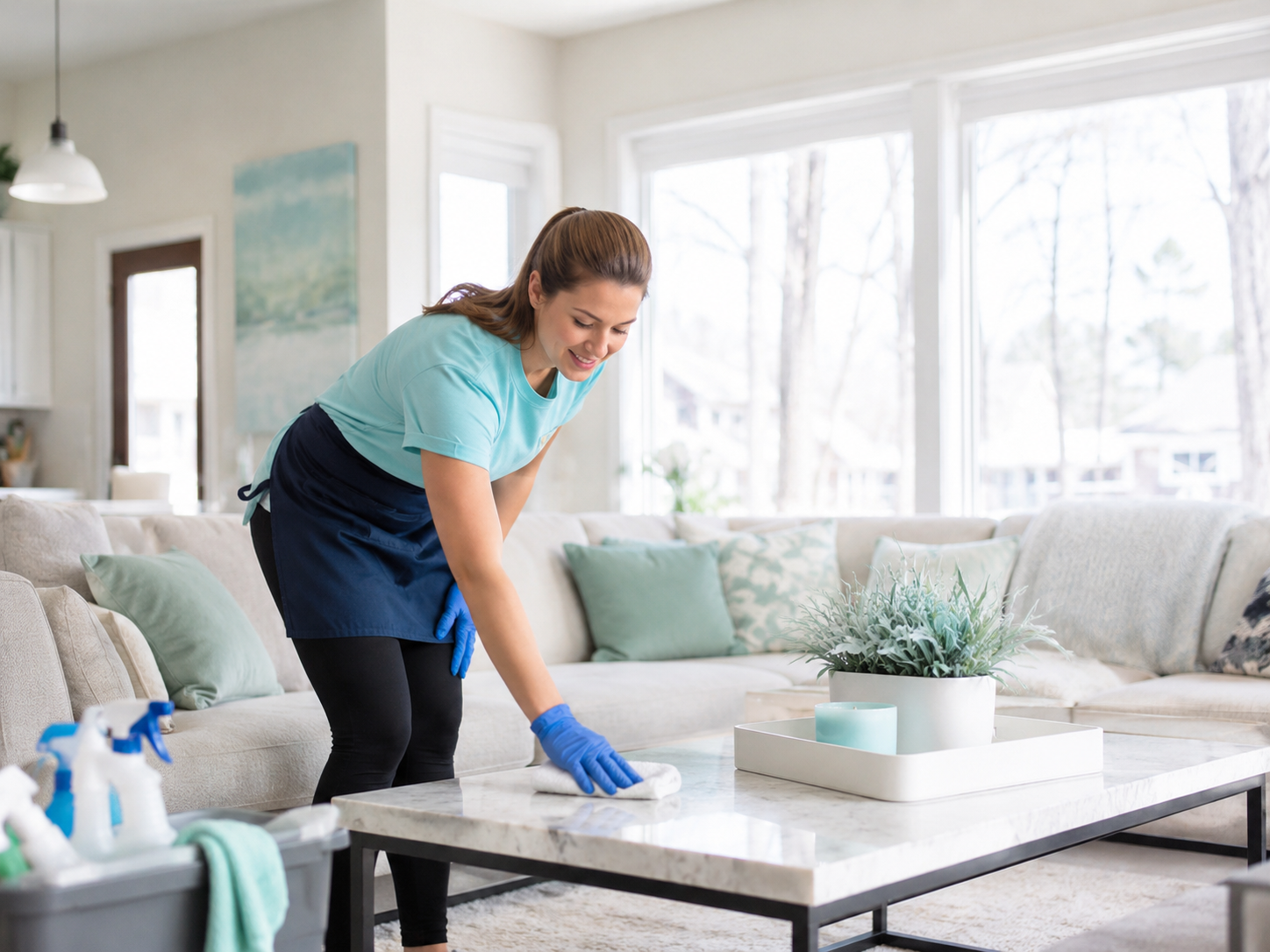 Professional cleaner caring for a bright living room